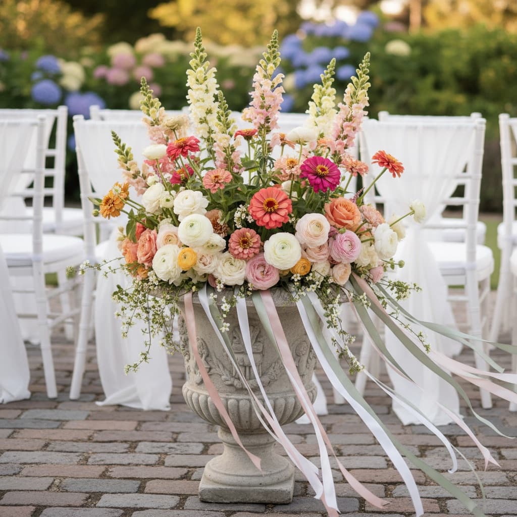 Rented planters lining the entrance of an outdoor wedding reception