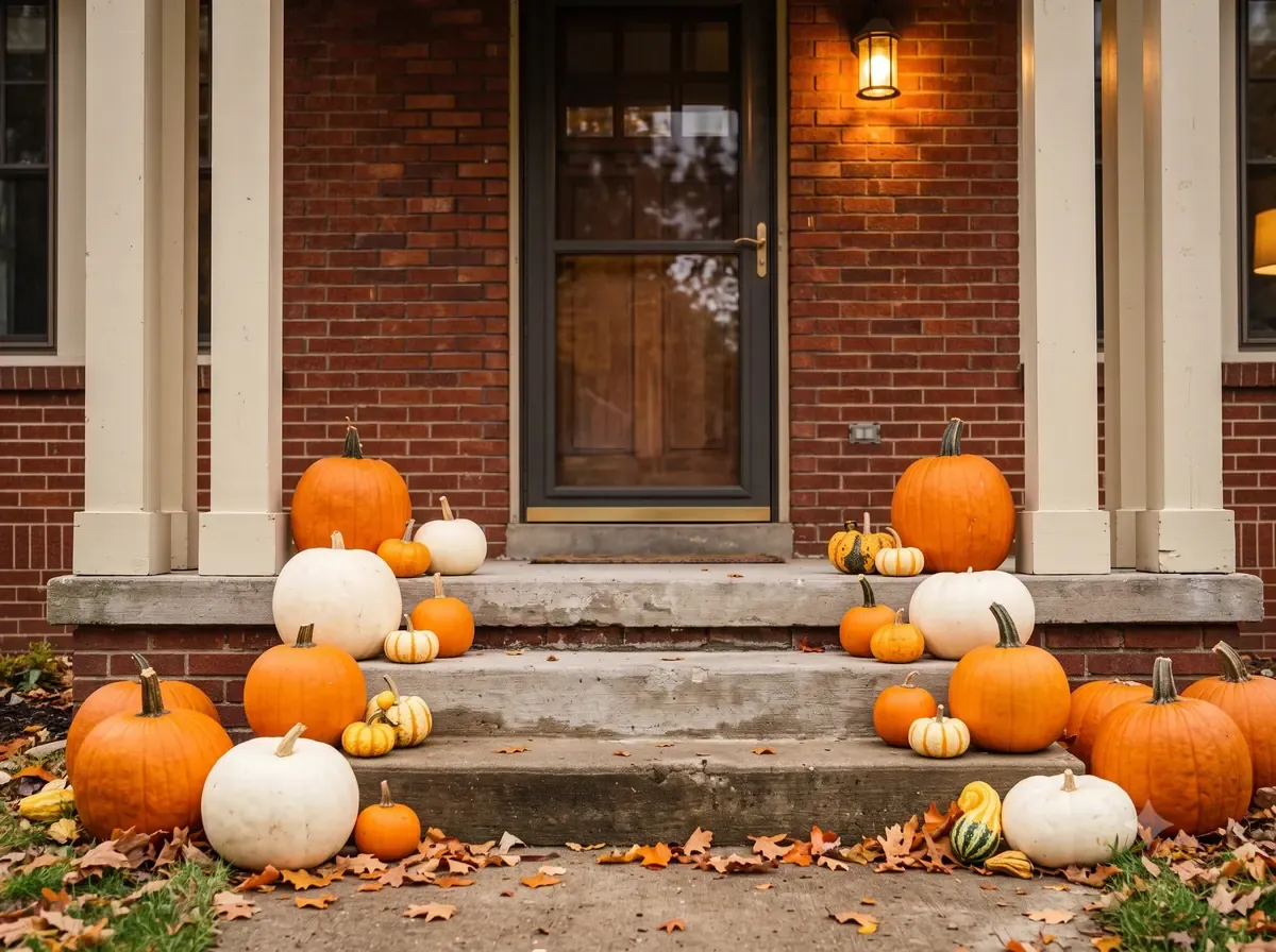 PETITE PORCH pumpkin display on the front steps of a Michigan home