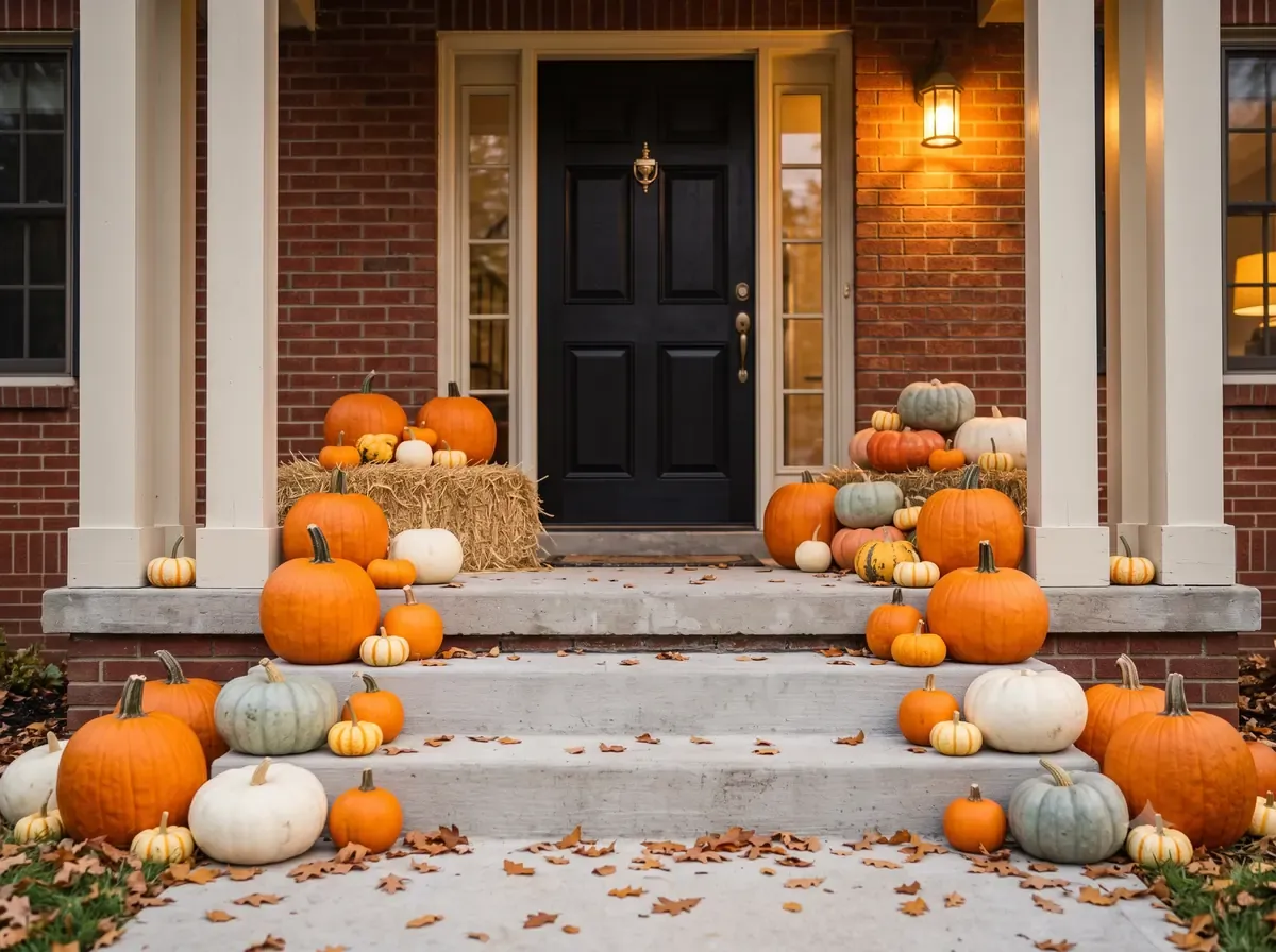 CLASSIC CURB APPEAL pumpkin display on the front steps of a Michigan home