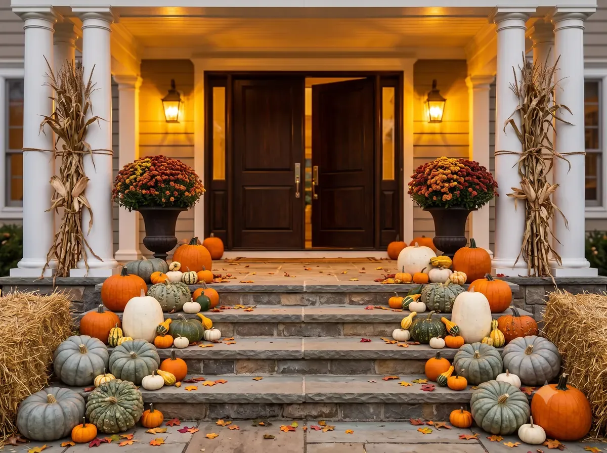 SIGNATURE HARVEST pumpkin display on the front steps of a Michigan home