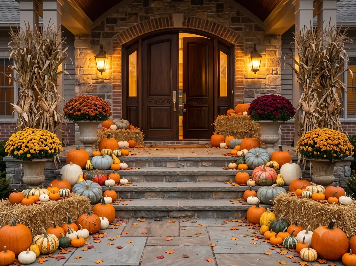 GRAND ESTATE pumpkin display on the front steps of a Michigan home