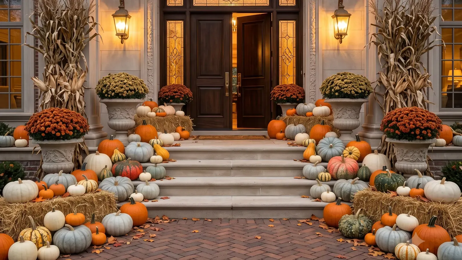 LUXURY MANOR / COMMERCIAL pumpkin display on the front steps of a Michigan home